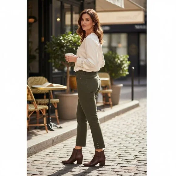 New Directions Olive Green Womens Pants Size 14P Button Detail Ankle Hem Casual - Picture 2 of 15